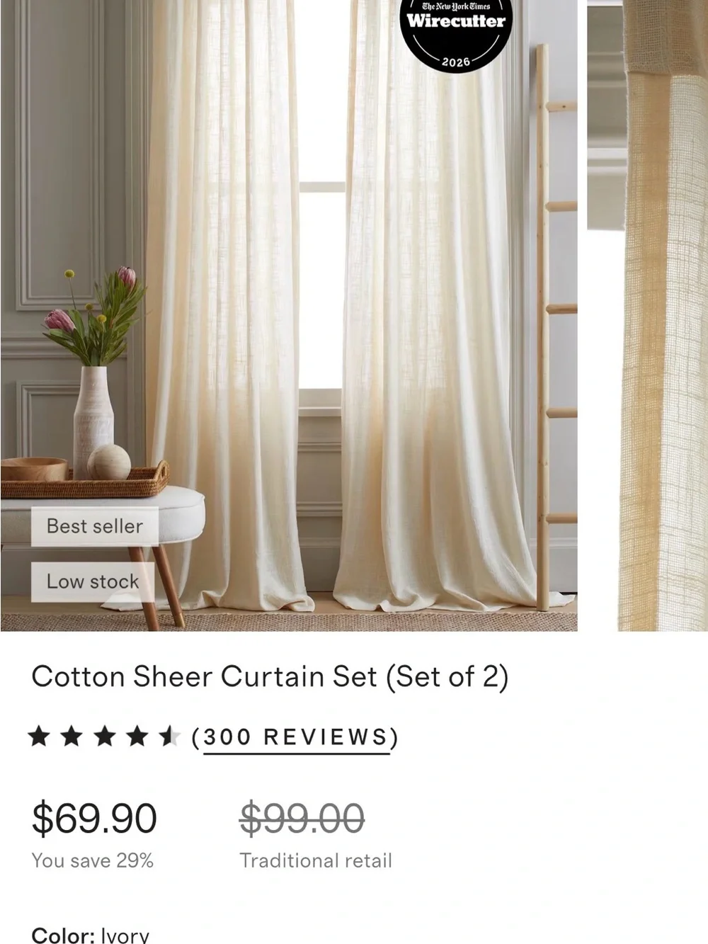 Quince Ivory Sheer Curtain Set (Set of 2) 48x96